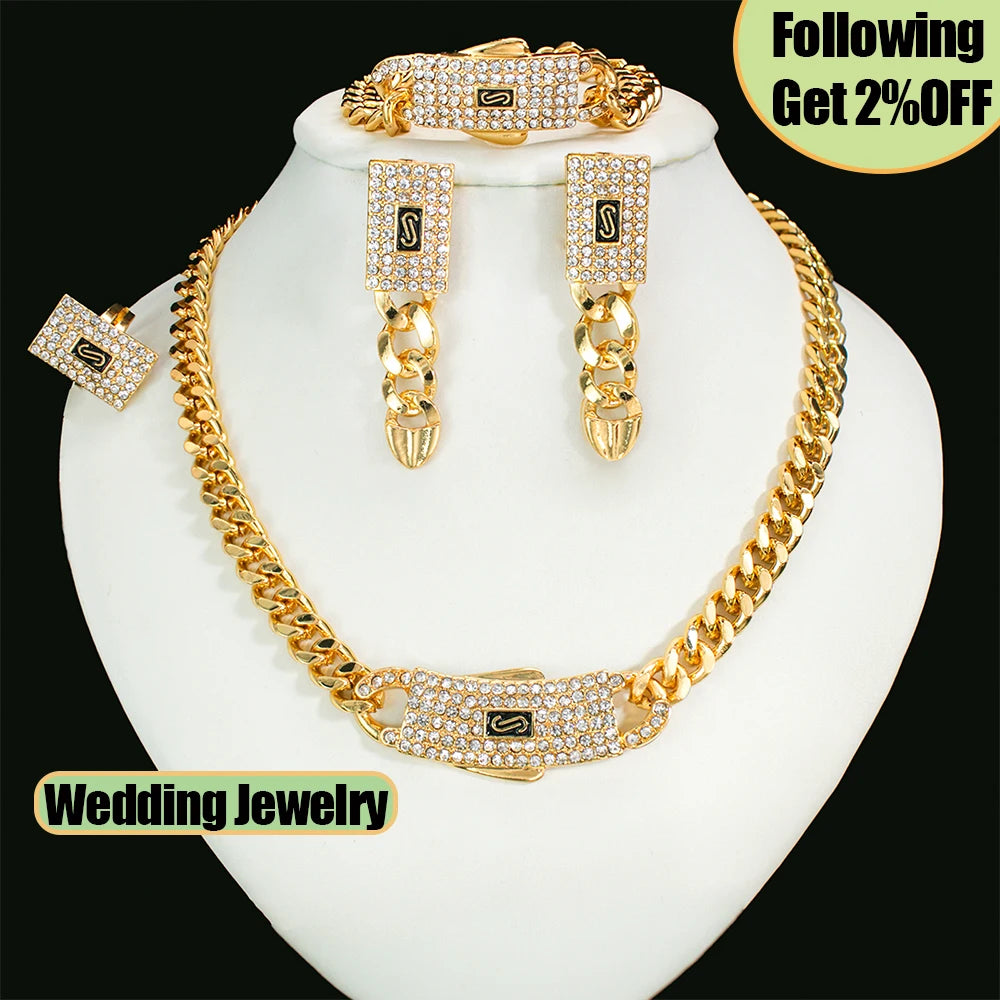 GZJPEI 4 Pcs/set 2026 Fashion Jewelry Set Cuba Chain Necklace Earring Bracelet Square Ring Luxury Zircon Jewelry For Women Gifts