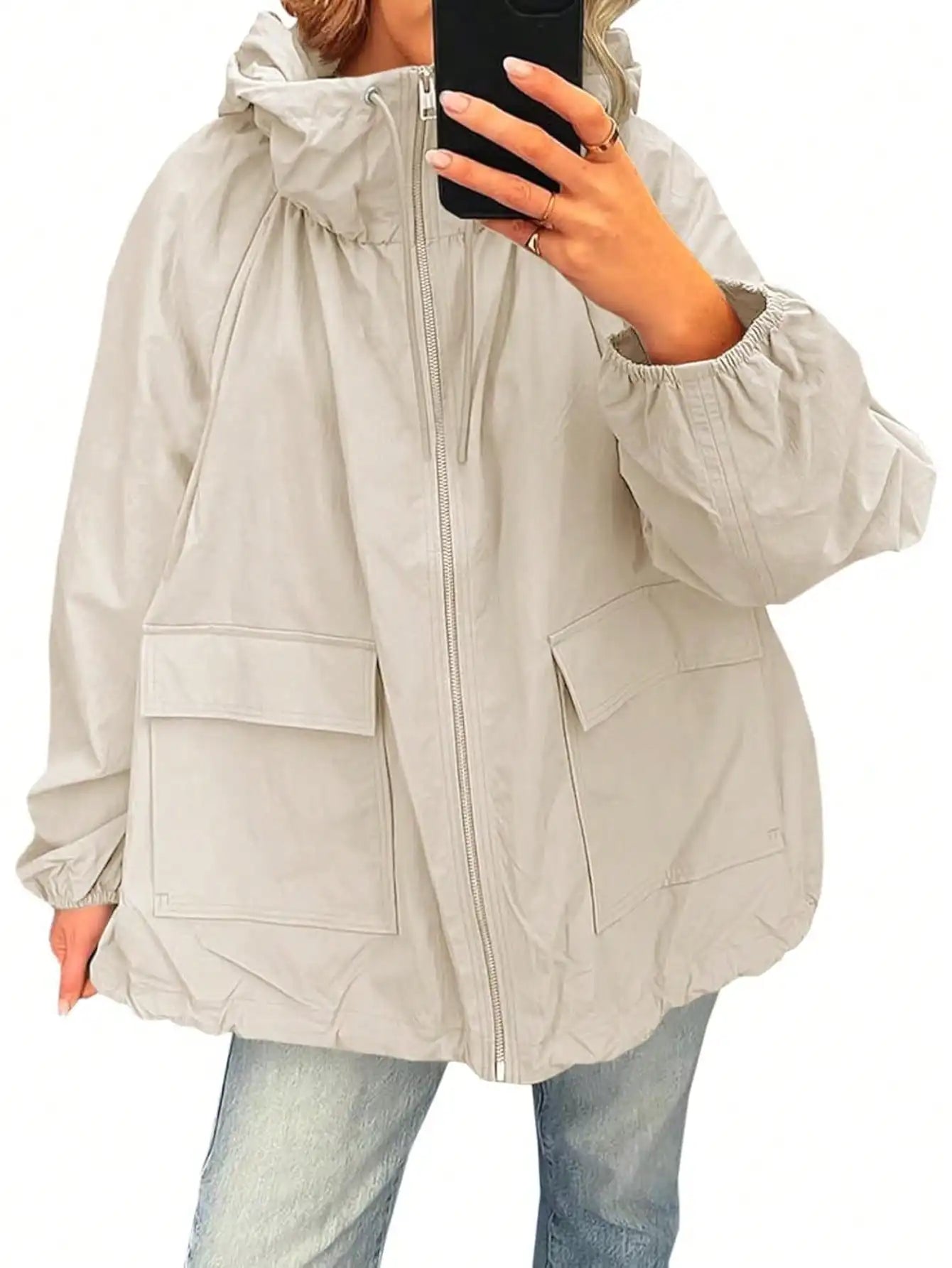 Fisoew waterproof Raincoat Women Lightweight Oversized Hooded Windbreaker Jacket With Pockets Outdoor Travel Trench Coat Fall