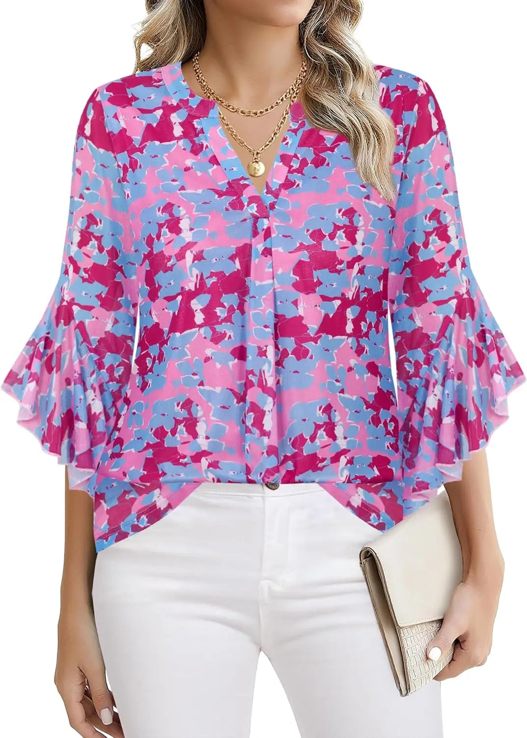 Womens Sparkly Tops 3/4 Sleeve Dressy Casual Sequin Blouses Double Layers Loose V Neck Shirt