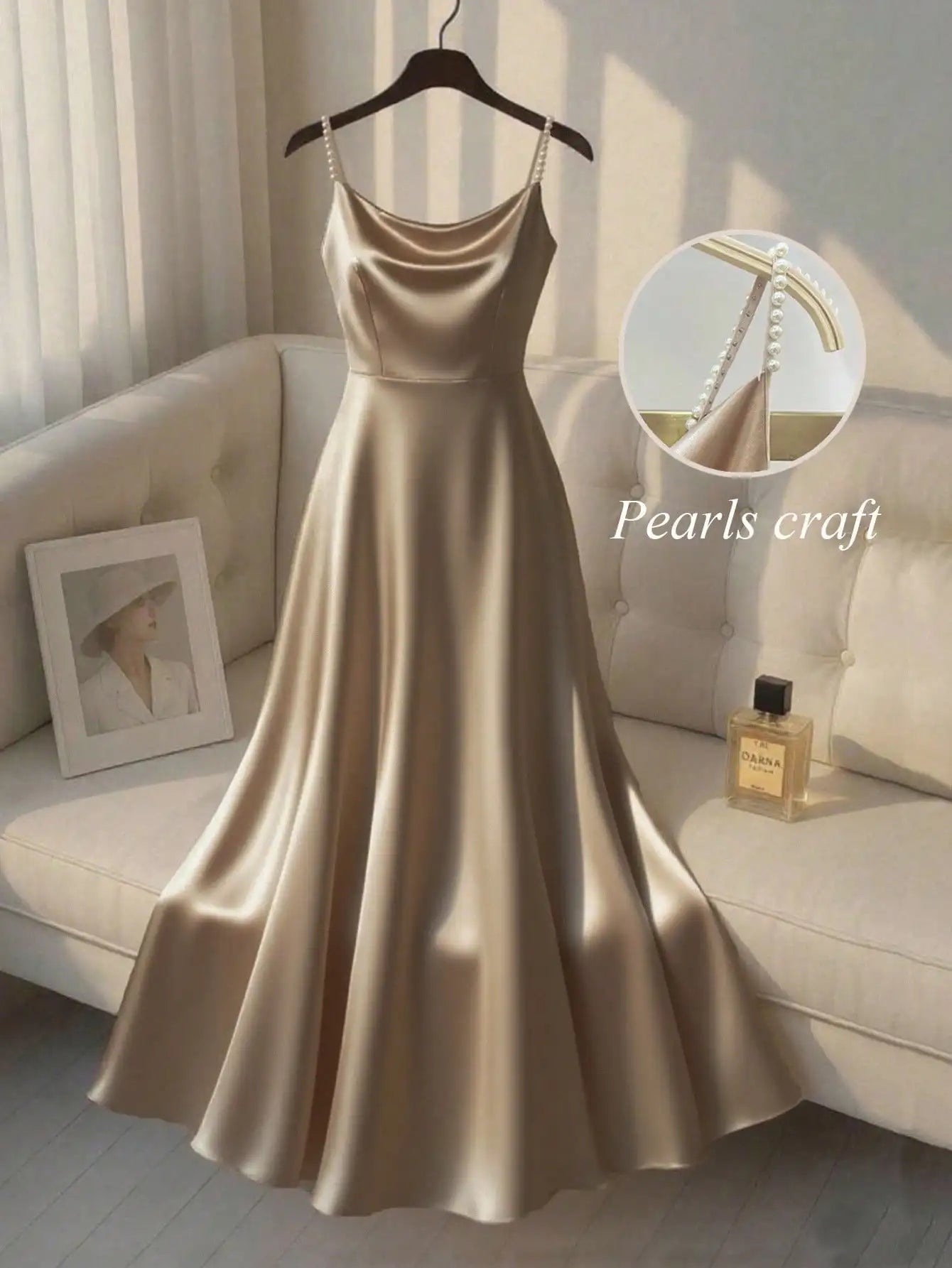 Elegant Satin Pearl Strap Slip Dress A-Line Floor Length For Party Event