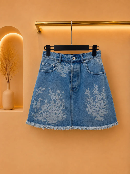 2026 Women Denim Skirt Pure Cotton Fashion A Line Short Skirt Antique Floral Landscape Printed Casual Skirt