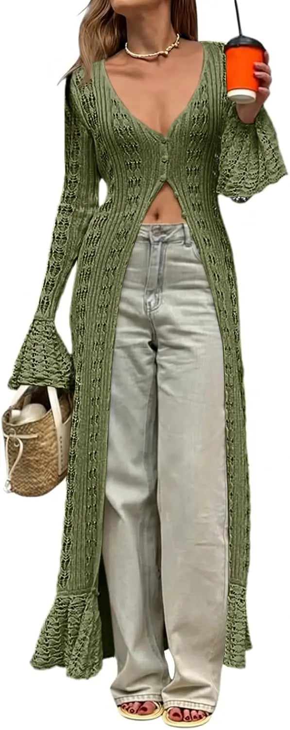 Womens Crochet Long Cardigans Duster Button Up Bell Long Sleeve Ruffle 2026 Summer Boho Beach Cover Ups