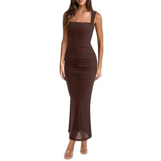 Summer Wedding Guest Maxi Dresses for Women Sleeveless, Square Neck, Sheer Mesh, Ruched, Slim, Bodycon, Formal, Elegant