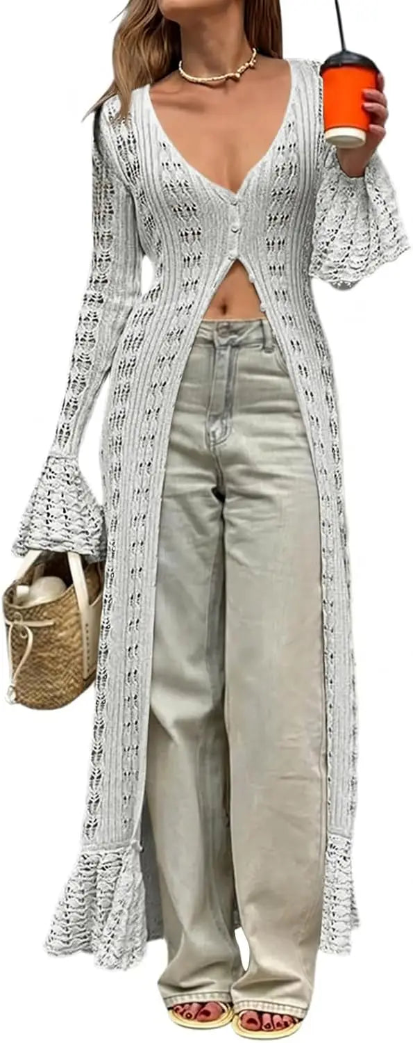 Womens Crochet Long Cardigans Duster Button Up Bell Long Sleeve Ruffle 2026 Summer Boho Beach Cover Ups
