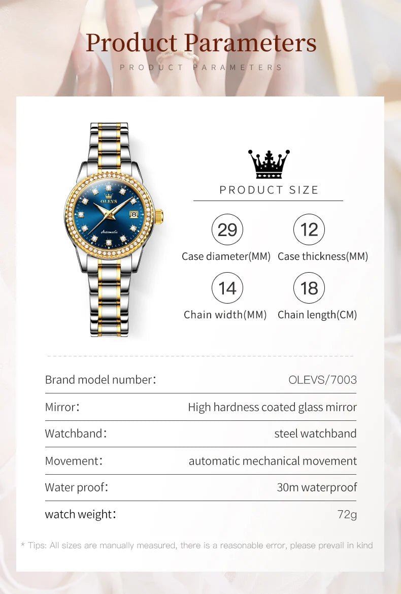 OLEVS Automatic Watch for Women Diamond Gold Luxury Stainless Steel Elegant Original Women's Automatic Watch Necklace Gift Set