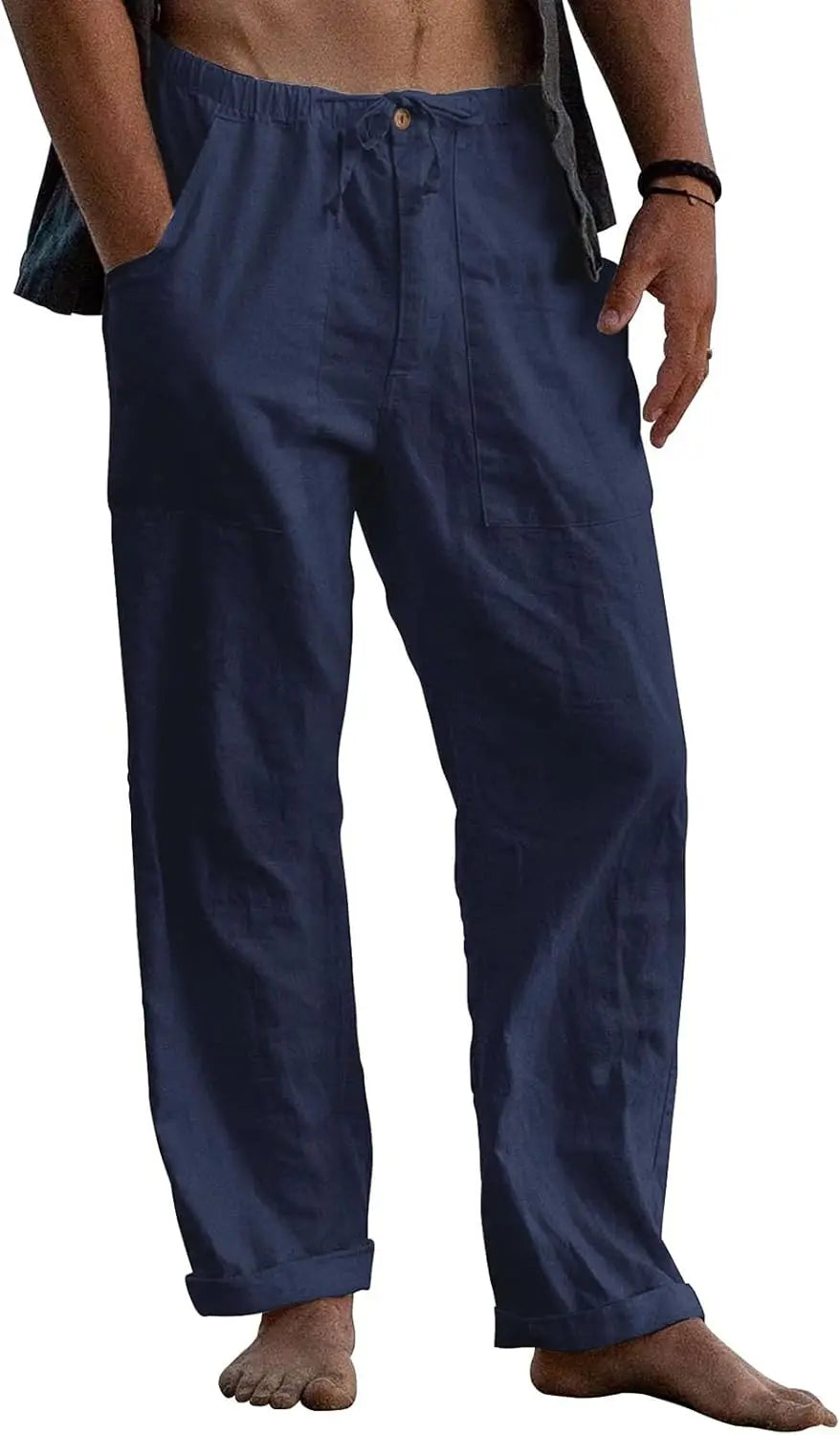 Mens Linen Pants Elastic Waist Drawstring Loose Fit Casual Summer Beach Pants with Pockets Baggy Trousers