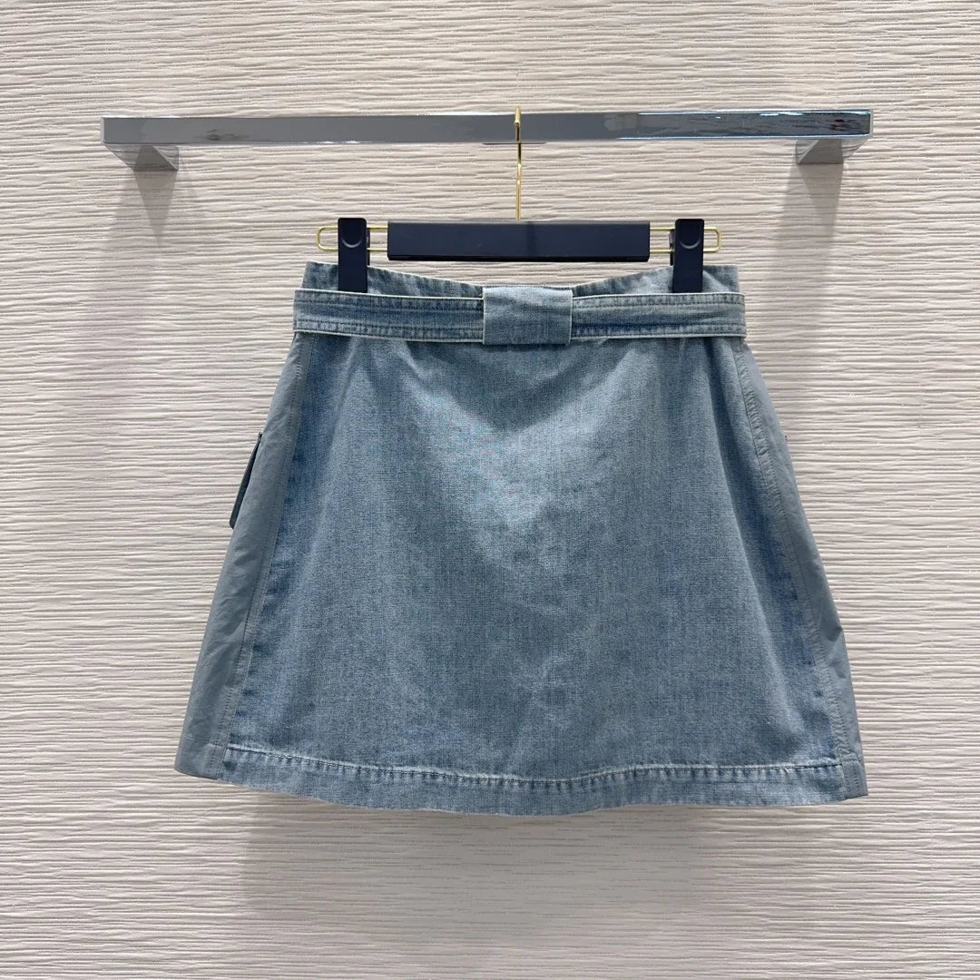 Women's Denim Sleeveless Hooded Zipper Vest with Belted Zipper Short Skirt Set Summer Youth Fashion Casual  2652018