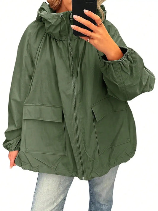 Fisoew waterproof Raincoat Women Lightweight Oversized Hooded Windbreaker Jacket With Pockets Outdoor Travel Trench Coat Fall