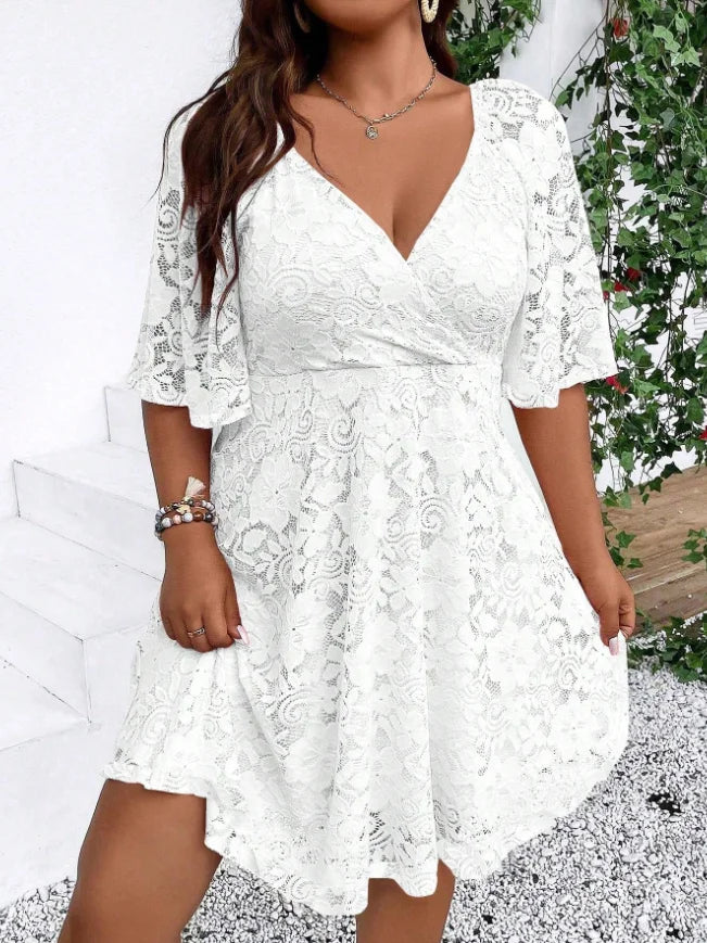 Plus Size Women's Lace A-line Dress, Mid-sleeve V-neck Cross-over Waist Party Date Romantic Dress