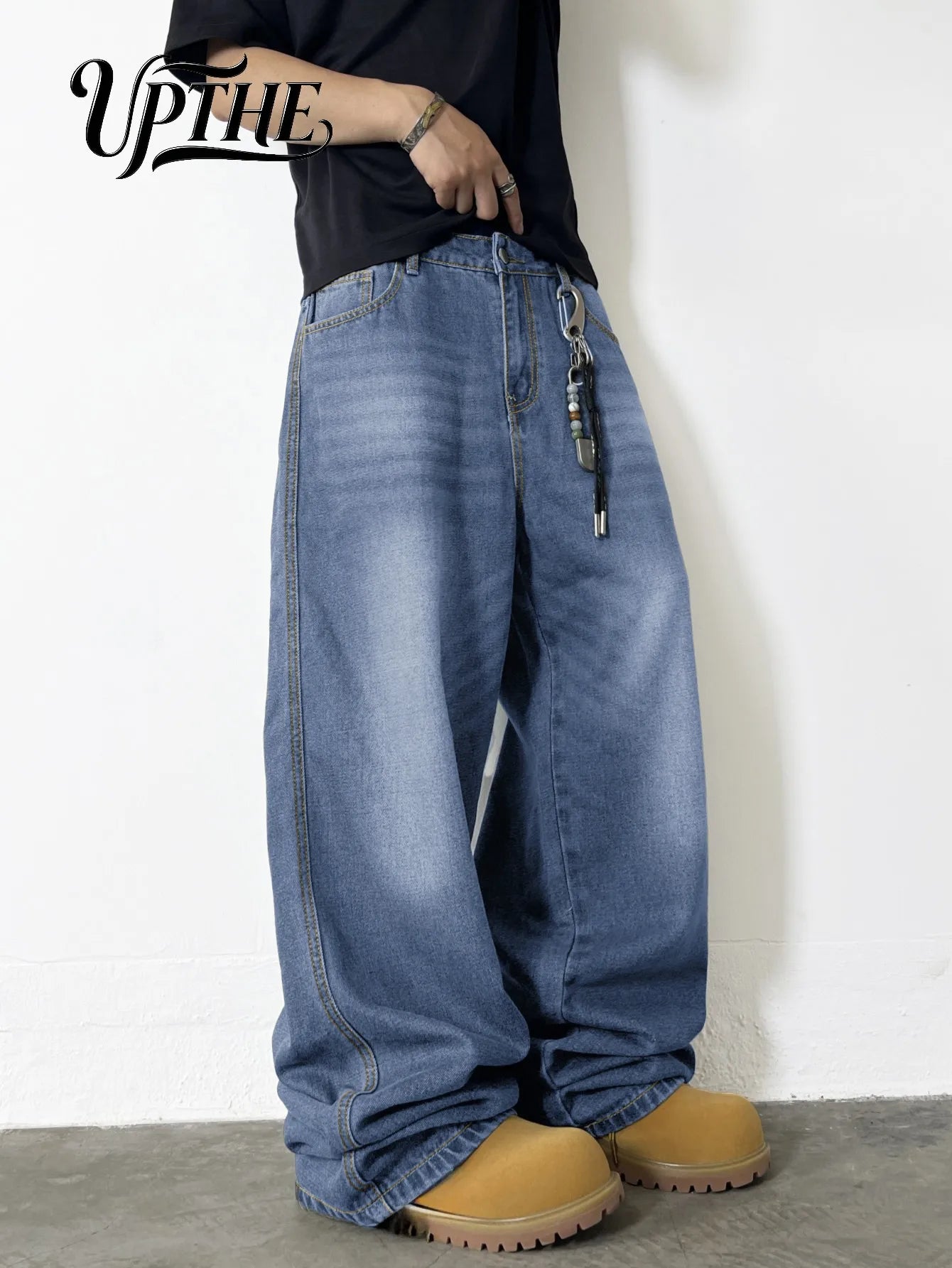 UP.THE Men Light Wash Baggy Wide Leg Jeans, Y2K Oversized Loose Denim Pants, Casual Relaxed Fit Trousers for Daily Shopping Office Wear