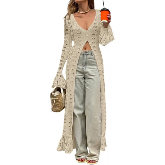 Womens Crochet Long Cardigans Duster Button Up Bell Long Sleeve Ruffle 2026 Summer Boho Beach Cover Ups