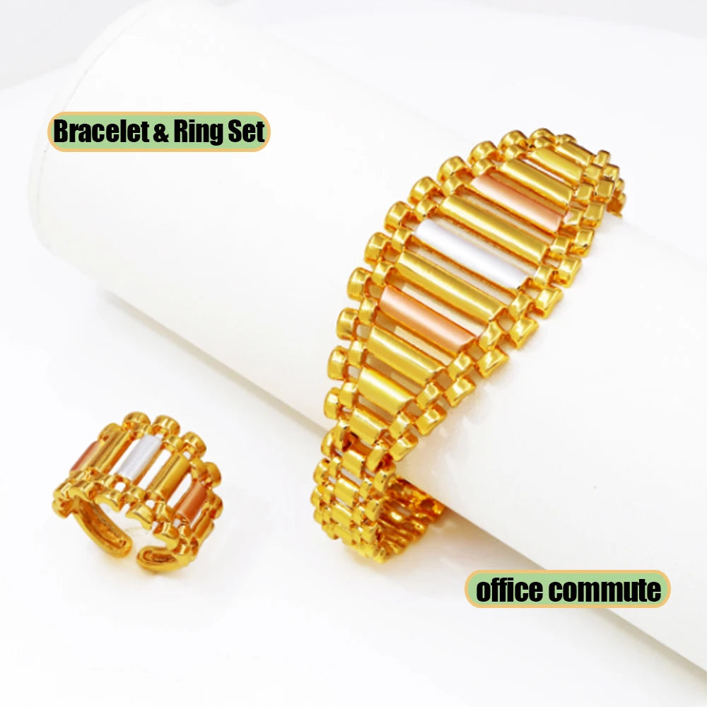 GZJPEI 4 Pcs/set Geometric Striped Jewelry Set 18K Gold Plated Hollow Out Design Jewelry For Women Birthday Gift 2026 Trendy