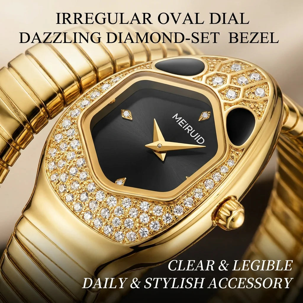A high-end trendy and personalized quartz watch with a golden snake shaped strap for women