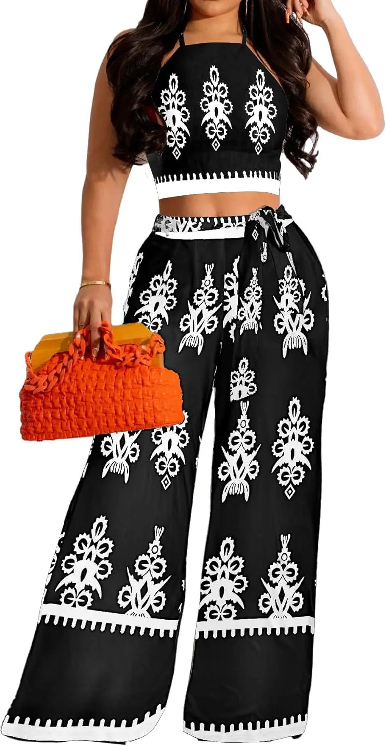 Elegant Two Piece Outfits for Women Sexy Bandage Top Long Straight Pants Swimwear Sets Coverups Vacation Beach
