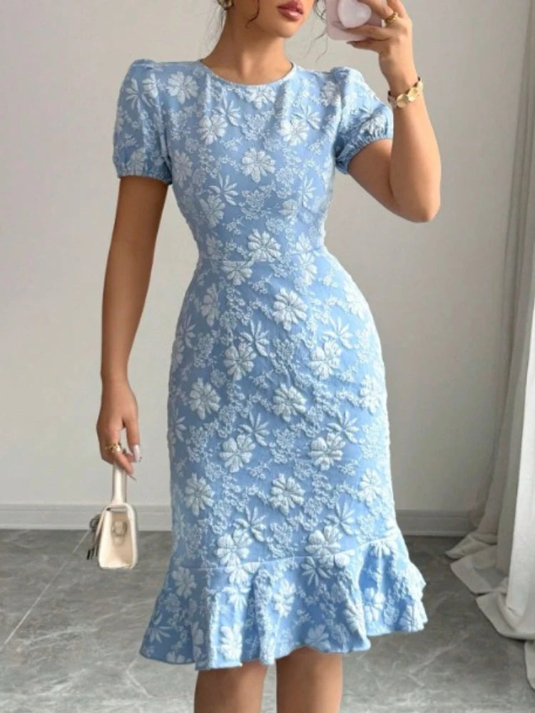 Elegant Lady Ruffled Hem Short Sleeve Dress New Skinny Hip Covering Slim Knee Length Dress Casual All-Match Solid O-Neck