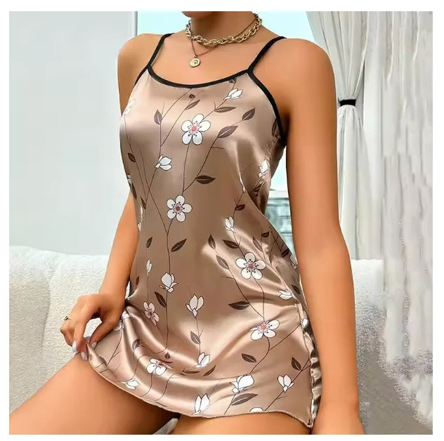 Ladies Sexy Sling Nightgown Nightdress Women's Sexy Lingerie Silk Satin Sleepwear Floral Pinting Nightwear Homewear Mini Dress
