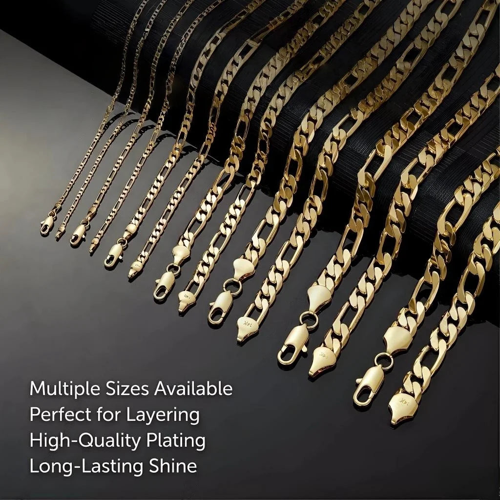 2.5-10mm Figaro Stainless Steel 14K Gold Plated Link Chain Necklace Fashion Women Men's Hip Hop Rock Jewelry