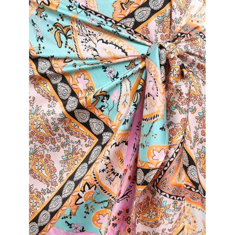 Women's Boho Skirt Asymmetrical Skirts Tied Floral Paisley Printed High Waist Ruched Skirts for Women