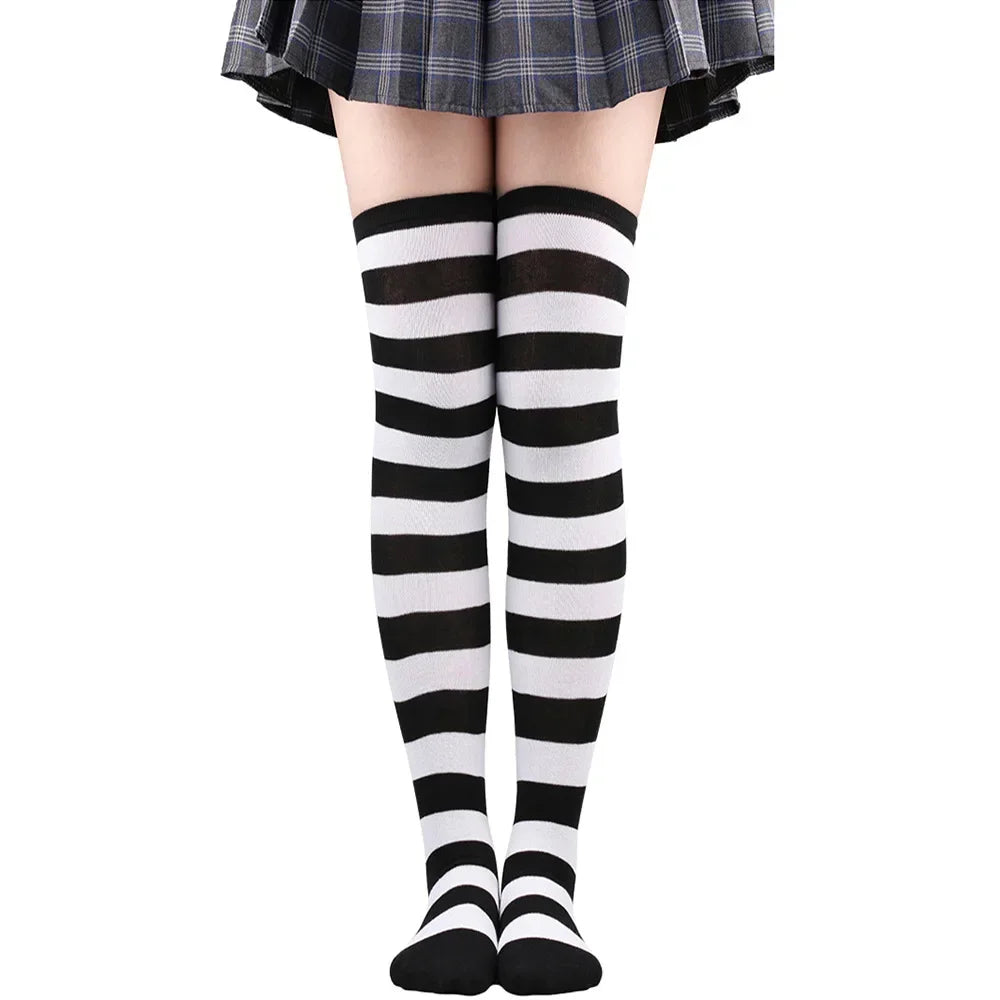 Womens Striped Thigh High Stockings Ladies Girls Black White pink Long Over Above Knee Socks femboy Cosplay Lolita Harajuku Y2k