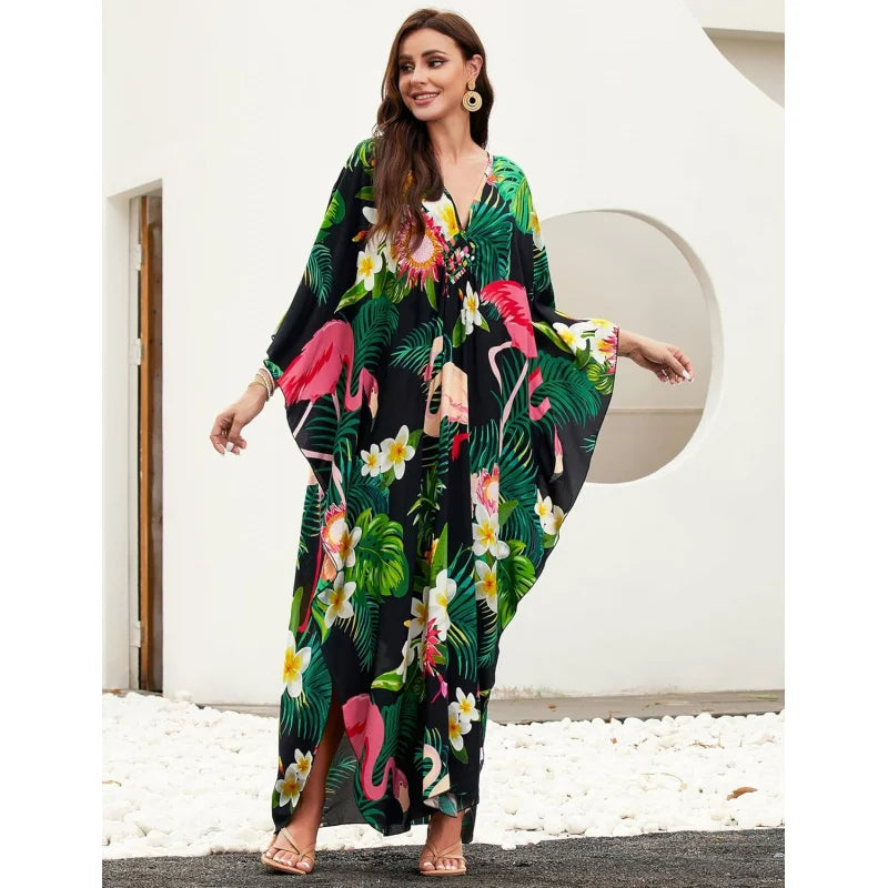 Kaftan Dresses for Women, V Neck Moo Moos Colorful Print Cover Ups Caftan Beach Dresses for Swimwear