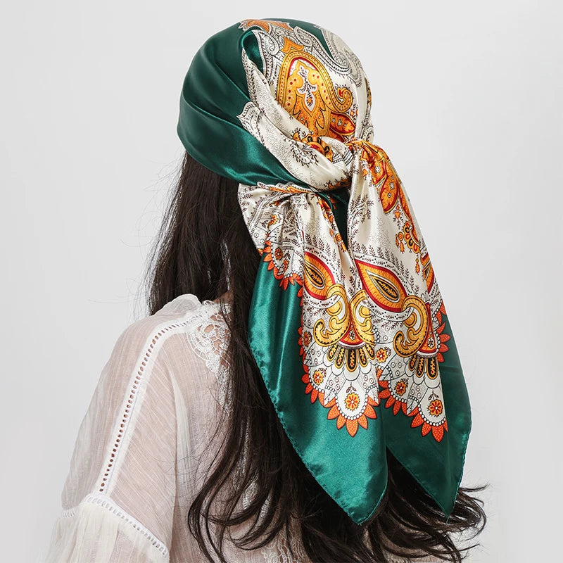 "Luxury Brand Square Silk Scarf Women Shawl 90*90cm Cashew Print Kerchief Femme HeadScarf Foulard Satin Bandana Hijab random "