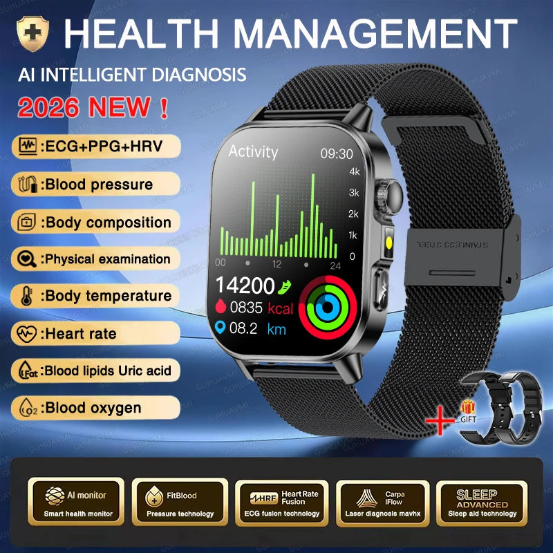 Accurate Health Diagnosis ECG Smart Watch Blood Pressure Blood Oxygen Blood Fat Uric Acid Temp Bluetooth.