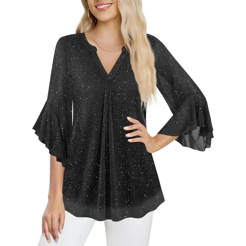 Womens Sparkly Tops 3/4 Sleeve Dressy Casual Sequin Blouses Double Layers Loose V Neck Shirt