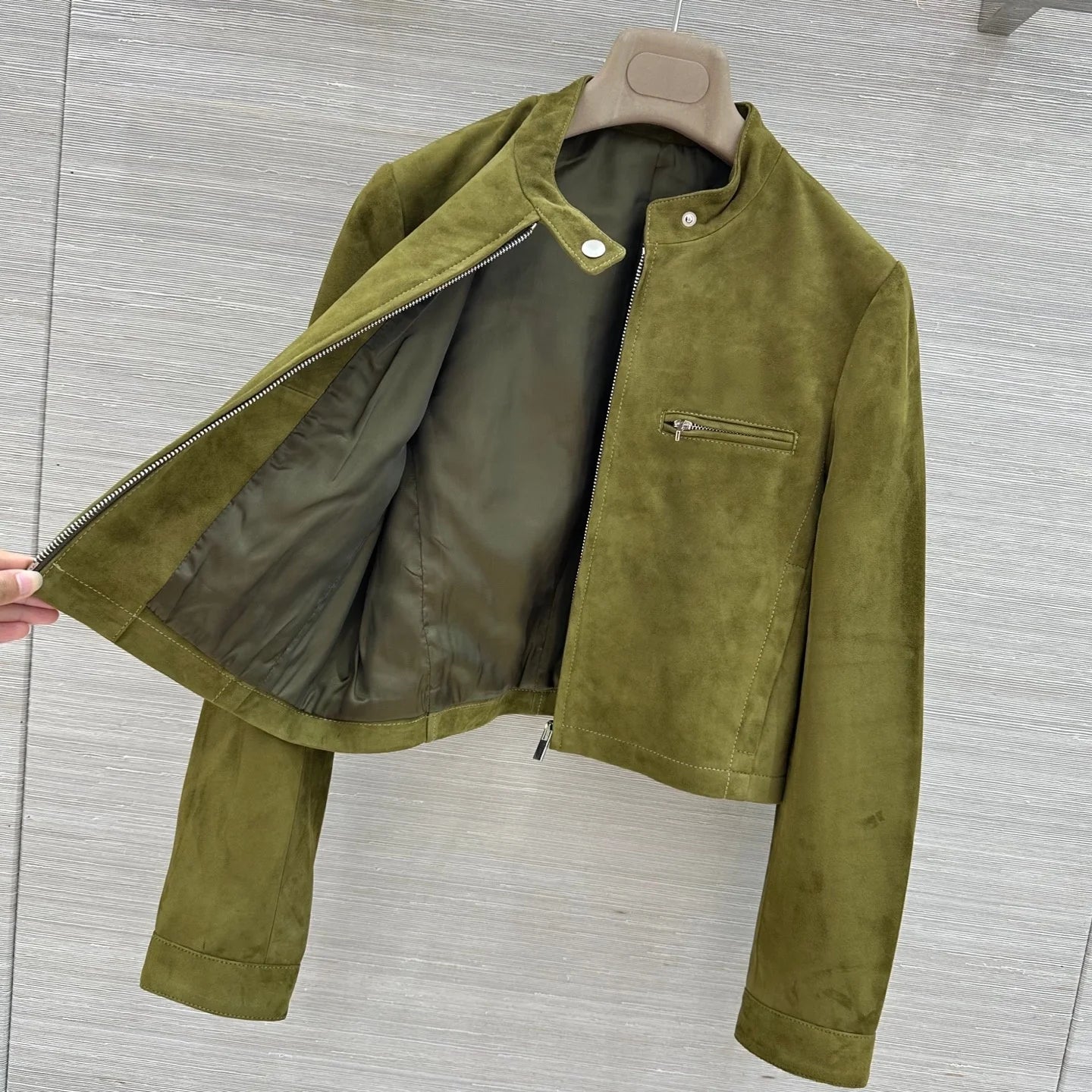 Women's Pure Color Leather Long Sleeve Stand Collar Zipper Short Jacket Autumn Winter Fashion Elegant Style 26713204
