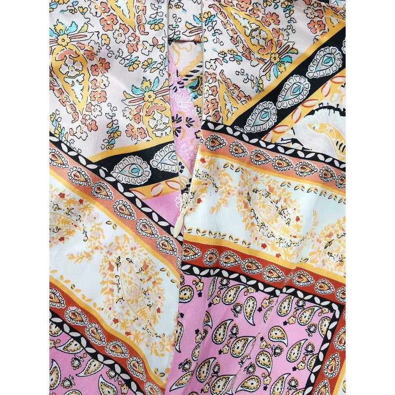 Women's Boho Skirt Asymmetrical Skirts Tied Floral Paisley Printed High Waist Ruched Skirts for Women