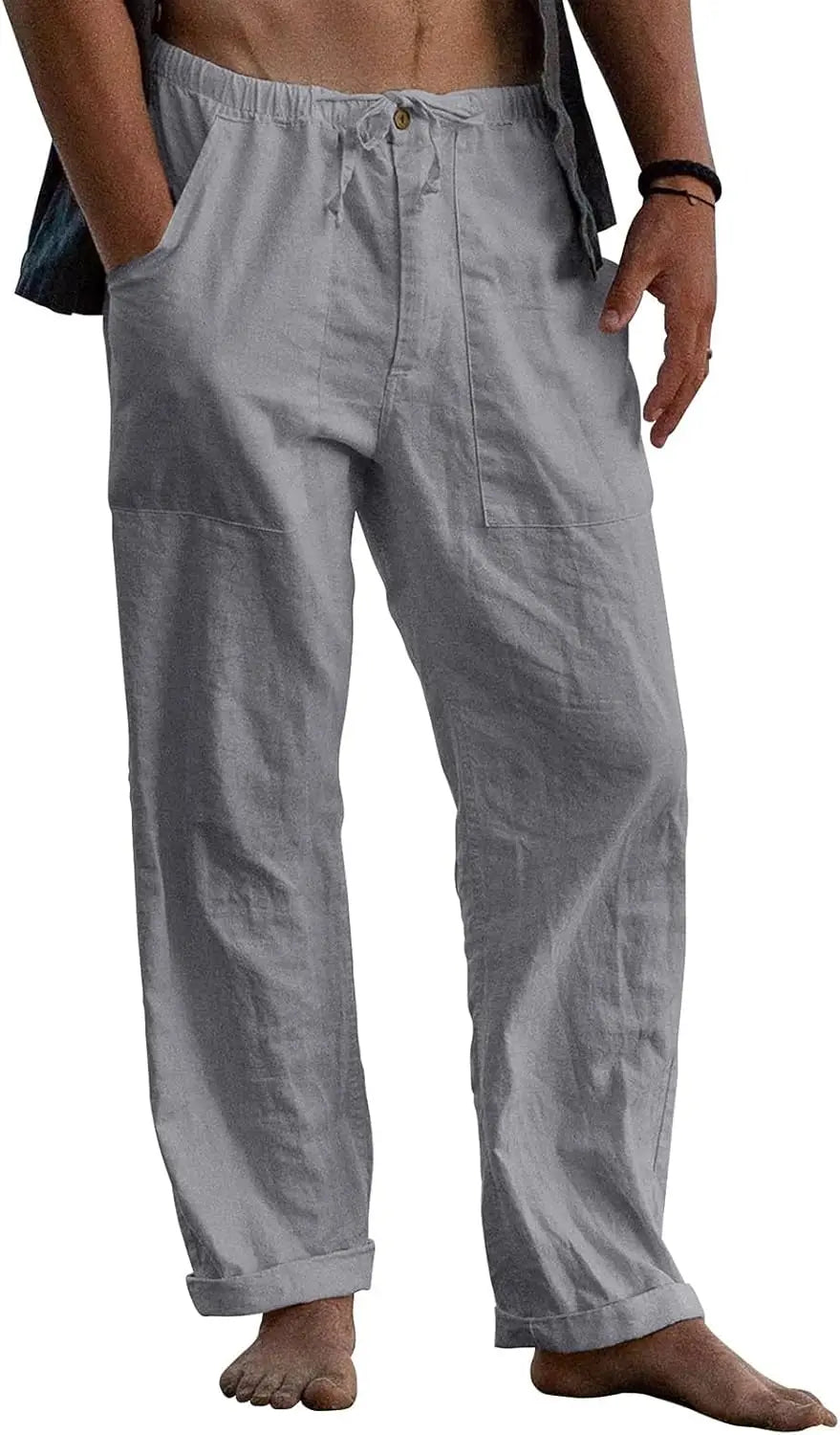 Mens Linen Pants Elastic Waist Drawstring Loose Fit Casual Summer Beach Pants with Pockets Baggy Trousers