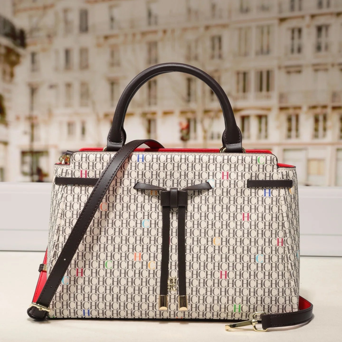 CH Embossed Pattern Tote Bag Bow Accent Versatile Handheld Crossbody Design Daily Commute 2026 New Bag