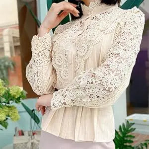 Women’s Elegant Lace Trim Shirts/Casual Victorian Blouse/Long Sleeve Button Down Tops