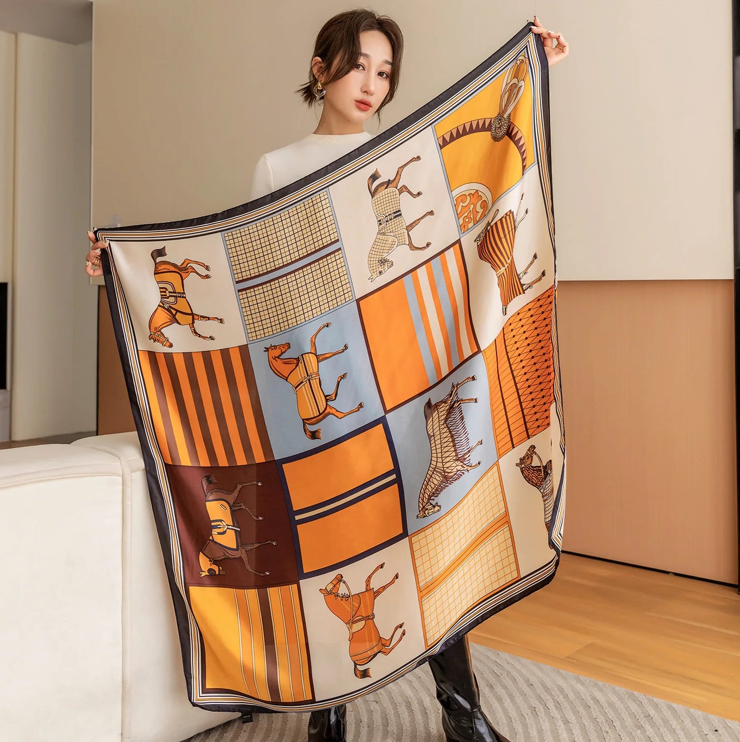 Luxury Horse Print Square Scarf Vintage Imitation Silk Shawl Scarf  Women Windproof Outdoor Head Wrap 110*110cm \[p'[;