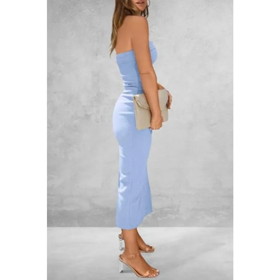 Women's Summer Bodycon Maxi Tube Dress Ribbed Strapless Side Slit Long Going Out Casual Elegant Party Dresses