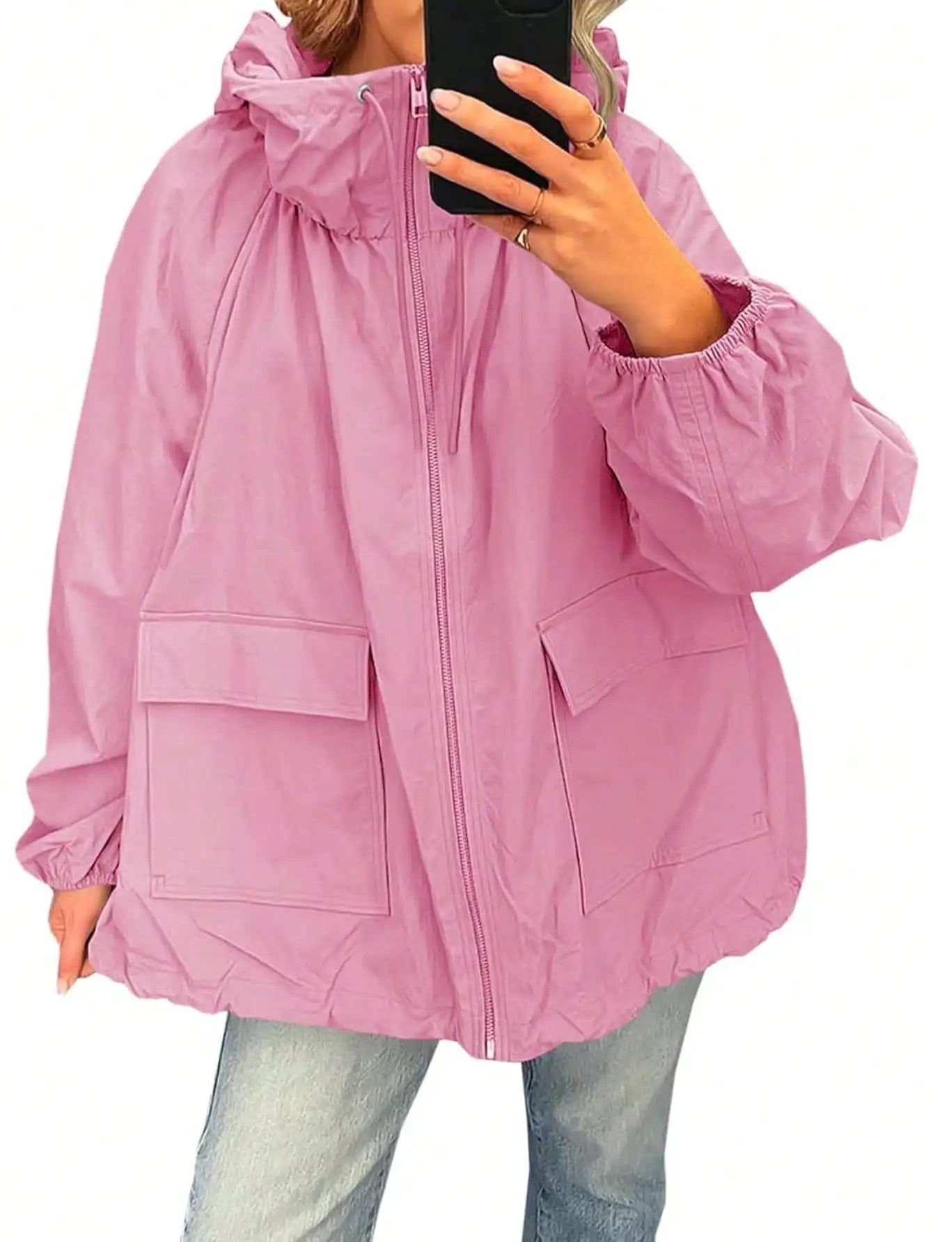 Fisoew waterproof Raincoat Women Lightweight Oversized Hooded Windbreaker Jacket With Pockets Outdoor Travel Trench Coat Fall