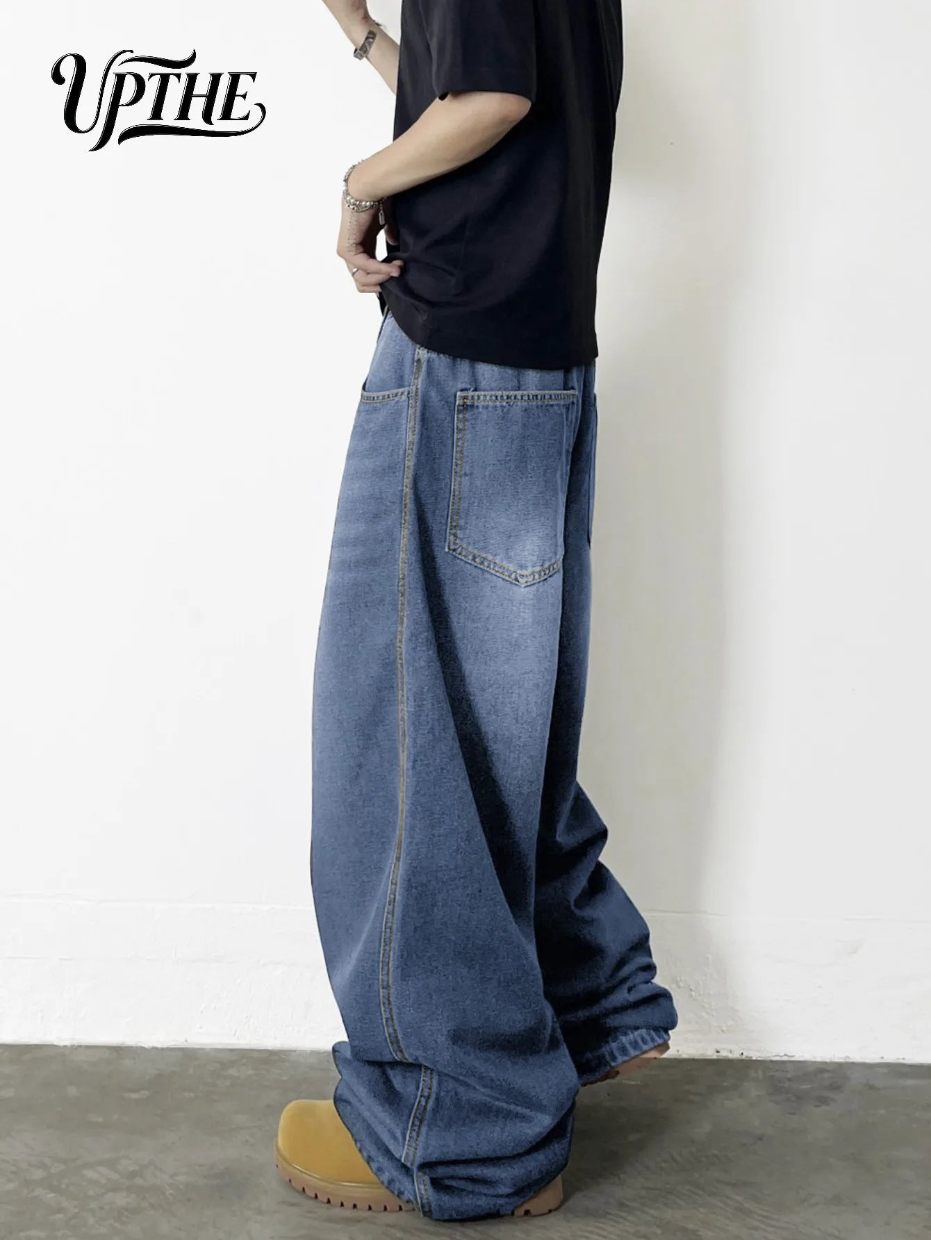 UP.THE Men Light Wash Baggy Wide Leg Jeans, Y2K Oversized Loose Denim Pants, Casual Relaxed Fit Trousers for Daily Shopping Office Wear