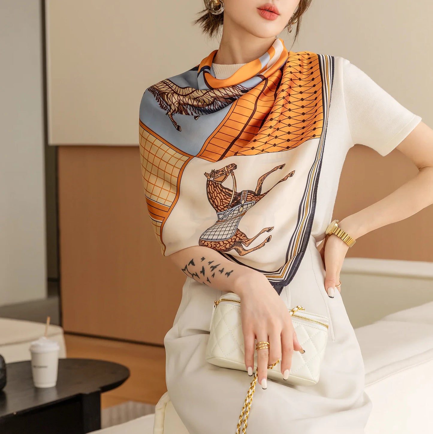 Luxury Horse Print Square Scarf Vintage Imitation Silk Shawl Scarf  Women Windproof Outdoor Head Wrap 110*110cm \[p'[;