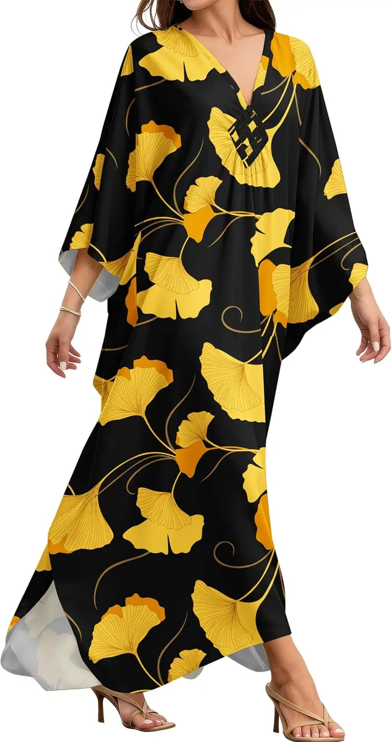 Kaftan Dresses for Women, V Neck Moo Moos Colorful Print Cover Ups Caftan Beach Dresses for Swimwear