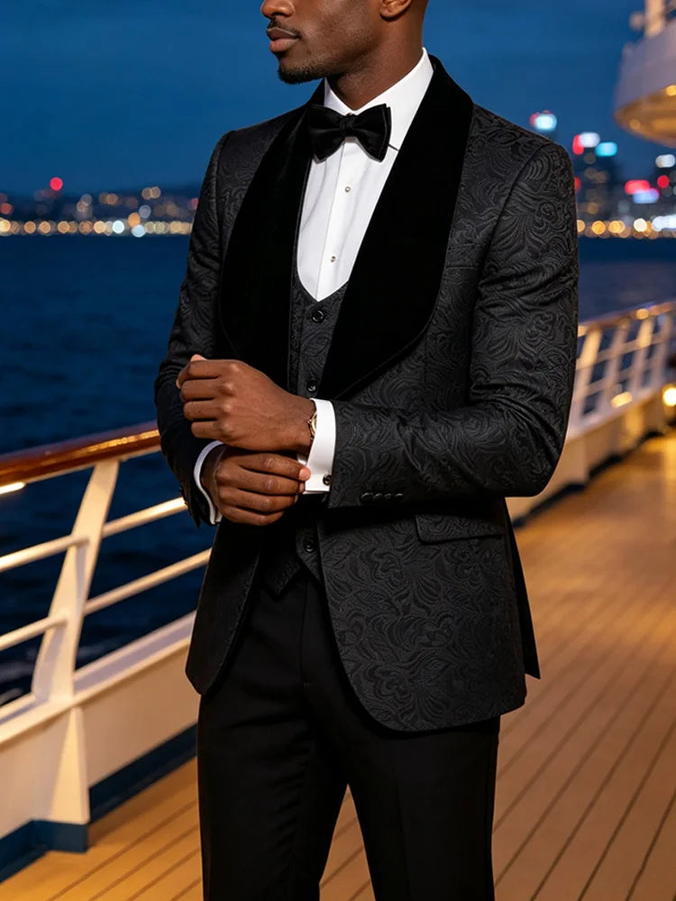 Men Light Blue Jacquard Tuxedo 3 Piece Suit Shawl Black Lapel Slim Fit Blazer Vest Pants Set Wedding Groom Prom Dinner Party Formal Mens Suit