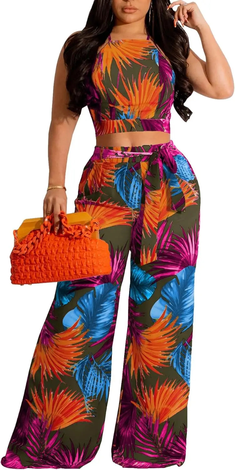 Elegant Two Piece Outfits for Women Sexy Bandage Top Long Straight Pants Swimwear Sets Coverups Vacation Beach