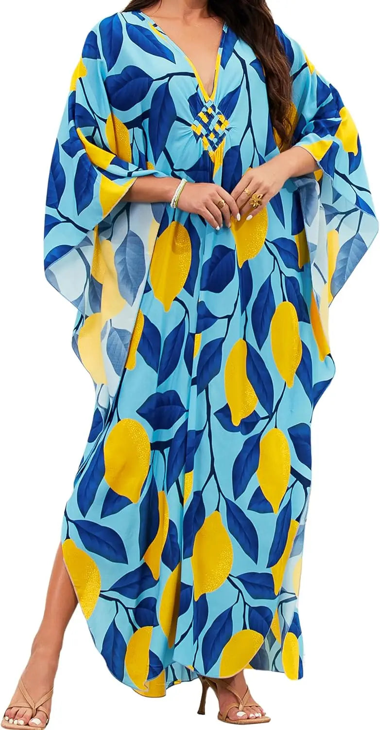 Kaftan Dresses for Women, V Neck Moo Moos Colorful Print Cover Ups Caftan Beach Dresses for Swimwear