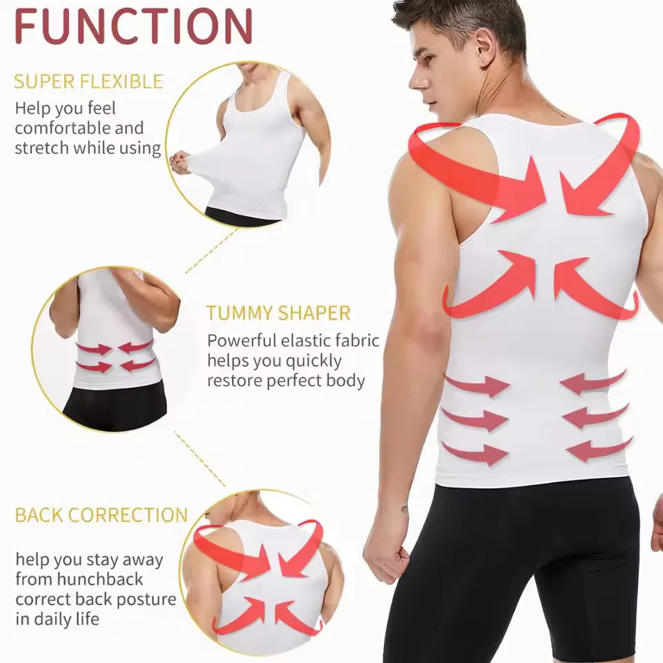 3 PCS Men's Tank Top Undershirt Tummy Control Shapewear Breathable Back Support Underwear Slimming High Stretch Waist Trainer Compression Sleeveless Wide Strap Top