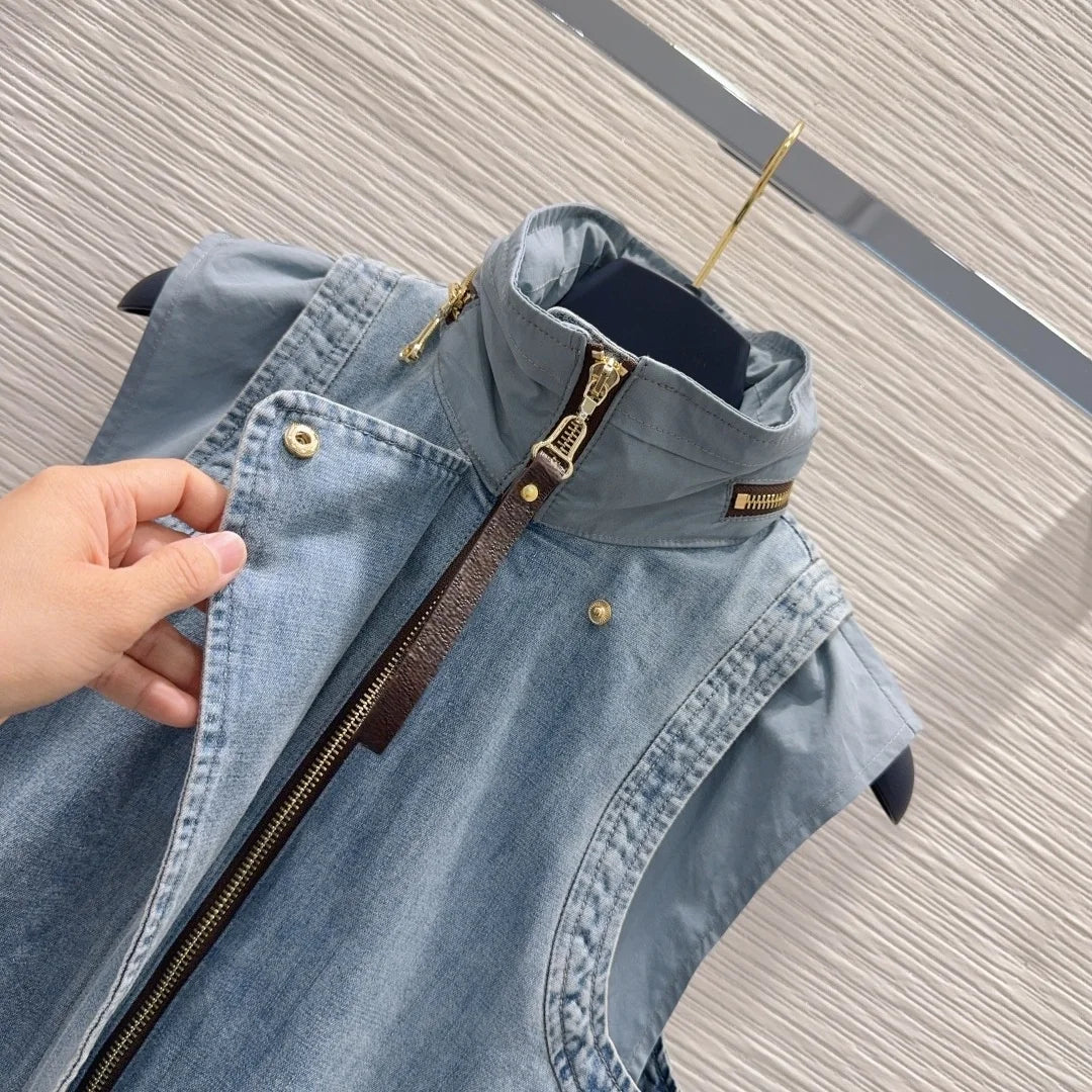 Women's Denim Sleeveless Hooded Zipper Vest with Belted Zipper Short Skirt Set Summer Youth Fashion Casual  2652018