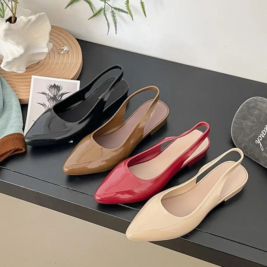 Women's Patent Leather Pointed Toe Slingback Flats, Low Block Heel Back Strap Pumps, Elegant Office Daily Dress Shoes