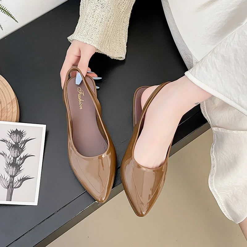 Women's Patent Leather Pointed Toe Slingback Flats, Low Block Heel Back Strap Pumps, Elegant Office Daily Dress Shoes
