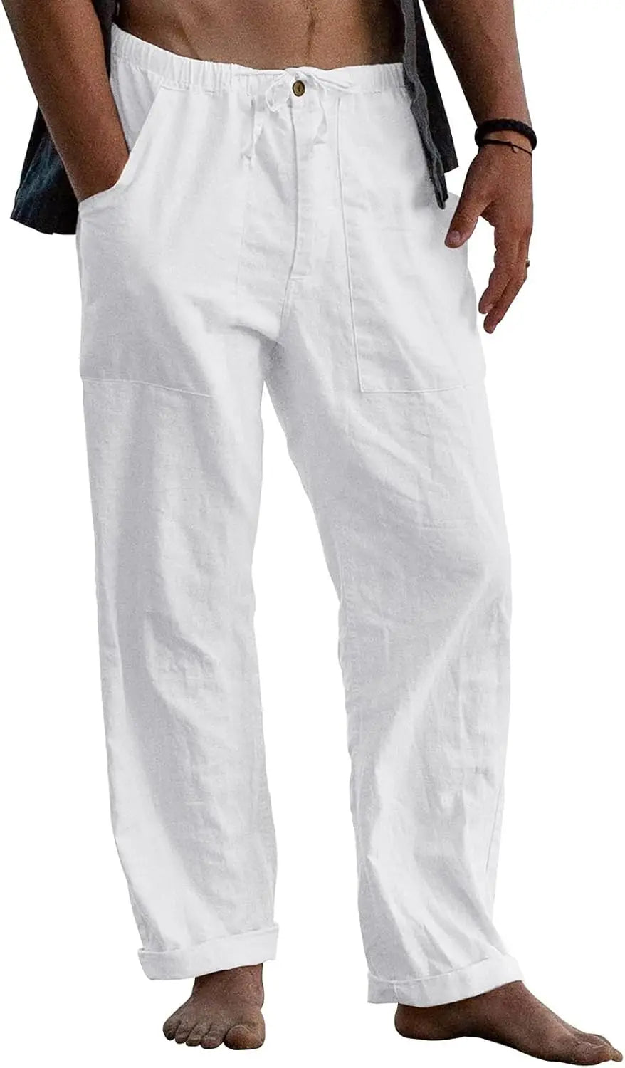 Mens Linen Pants Elastic Waist Drawstring Loose Fit Casual Summer Beach Pants with Pockets Baggy Trousers