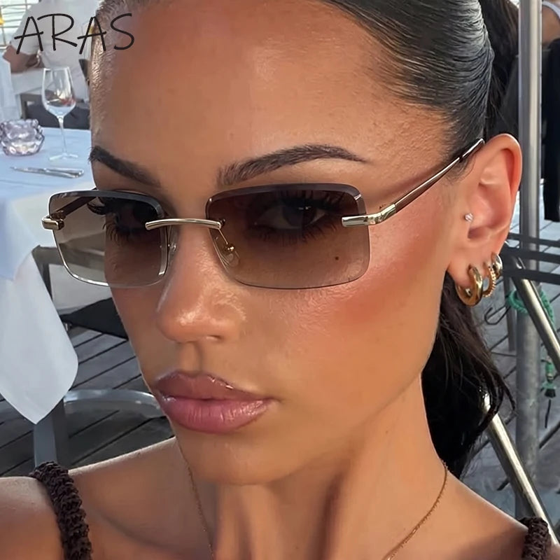 Rimless Rectangle Sunglasses Women 2026 Luxury Designer Fashion Retro Metal Sun Glasses Trendy Y2K Shades Small Frame Eyewear