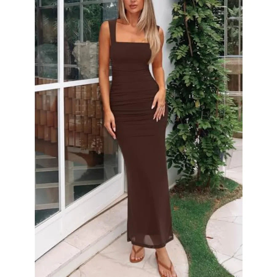 Summer Wedding Guest Maxi Dresses for Women Sleeveless, Square Neck, Sheer Mesh, Ruched, Slim, Bodycon, Formal, Elegant
