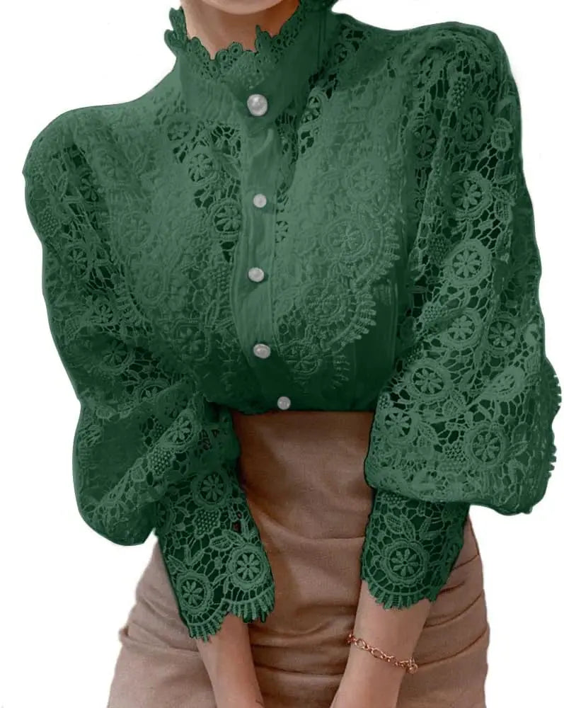 Women’s Elegant Lace Trim Shirts/Casual Victorian Blouse/Long Sleeve Button Down Tops