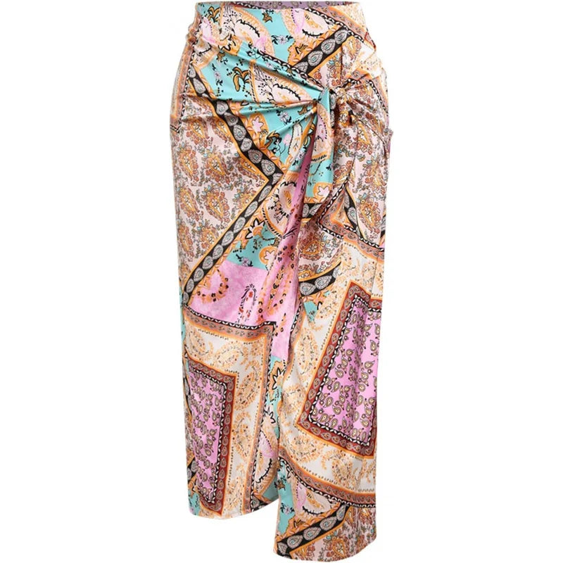 Women's Boho Skirt Asymmetrical Skirts Tied Floral Paisley Printed High Waist Ruched Skirts for Women